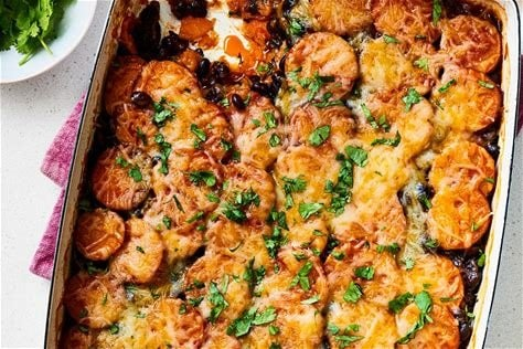 Sweet Potato Casserole Enchilada in a pan